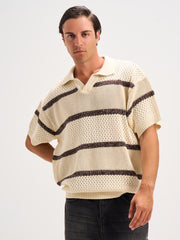 Textured Striped Polo V-Neck Knitwear