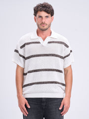 Textured Striped Polo V-Neck Knitwear