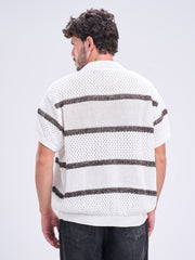 Textured Striped Polo V-Neck Knitwear