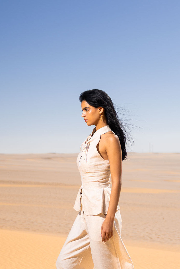 RUFFLE HIGH NECK LINEN VEST