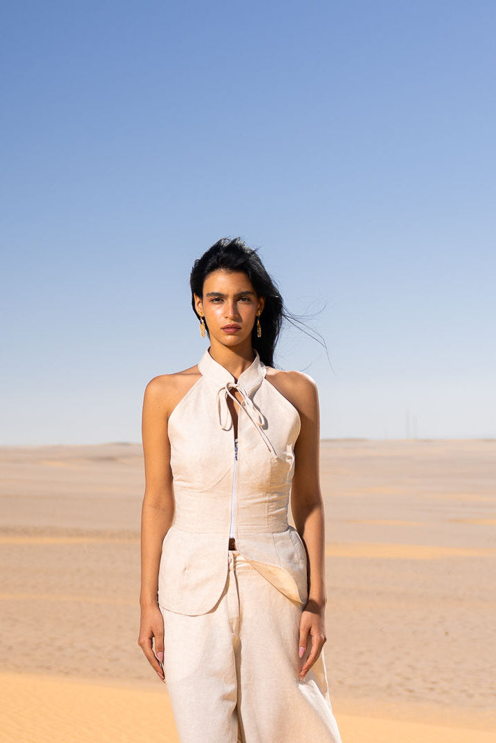 RUFFLE HIGH NECK LINEN VEST
