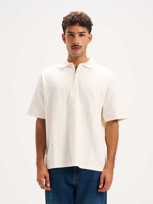 Basic Textured Polo Quarter Zipper T-shirt
