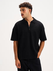 Basic Textured Polo Quarter Zipper T-shirt