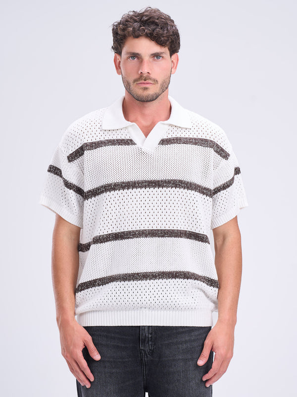 Textured Striped Polo V-Neck Knitwear