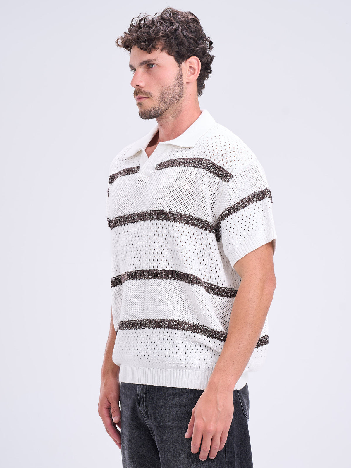 Textured Striped Polo V-Neck Knitwear